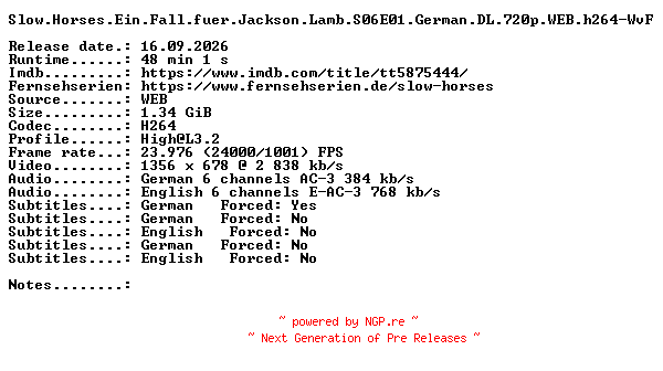 NFO for the release Slow.Horses.Ein.Fall.fuer.Jackson.Lamb.S06E01.German.DL.720p.WEB.h264-WvF by WvF