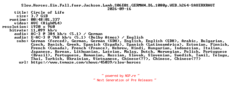 NFO for the release Slow.Horses.Ein.Fall.fuer.Jackson.Lamb.S06E01.GERMAN.DL.1080p.WEB.h264-SAUERKRAUT by SAUERKRAUT