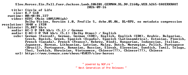 NFO for the release Slow.Horses.Ein.Fall.fuer.Jackson.Lamb.S06E01.GERMAN.DL.DV.2160p.WEB.h265-SAUERKRAUT by SAUERKRAUT