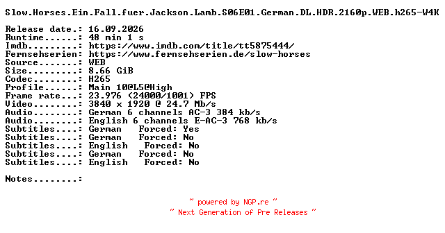 NFO for the release Slow.Horses.Ein.Fall.fuer.Jackson.Lamb.S06E01.German.DL.HDR.2160p.WEB.h265-W4K by W4K
