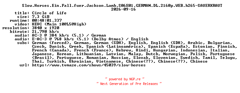 NFO for the release Slow.Horses.Ein.Fall.fuer.Jackson.Lamb.S06E01.GERMAN.DL.2160p.WEB.h265-SAUERKRAUT by SAUERKRAUT