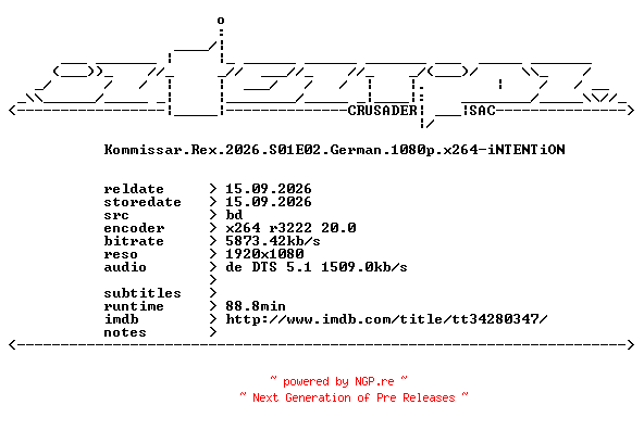 NFO for the release Kommissar.Rex.2026.S01E02.German.1080p.x264-iNTENTiON by iNTENTiON