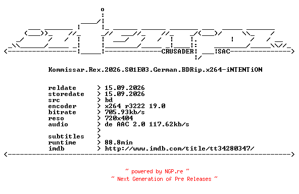 NFO for the release Kommissar.Rex.2026.S01E03.German.BDRip.x264-iNTENTiON by iNTENTiON