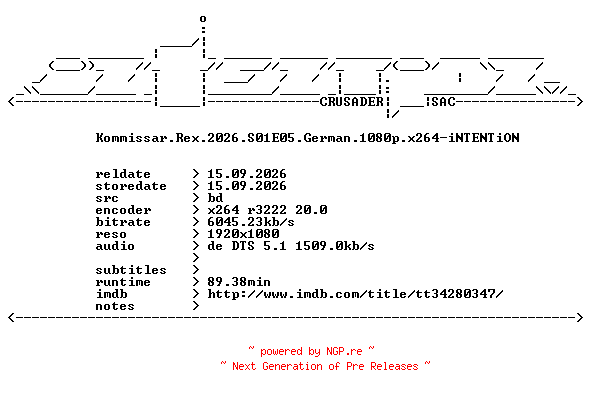 NFO for the release Kommissar.Rex.2026.S01E05.German.1080p.x264-iNTENTiON by iNTENTiON