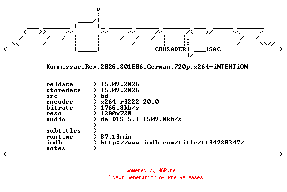 NFO for the release Kommissar.Rex.2026.S01E06.German.720p.x264-iNTENTiON by iNTENTiON