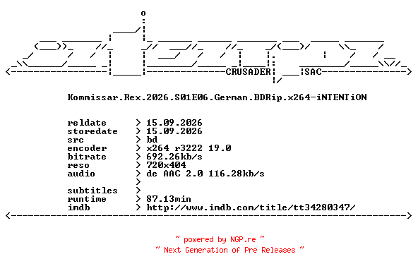 NFO for the release Kommissar.Rex.2026.S01E06.German.BDRip.x264-iNTENTiON by iNTENTiON