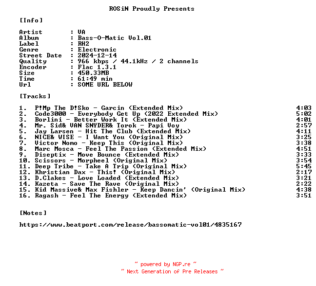 NFO for the release VA-Bass-O-Matic_Vol.01-16BIT-WEB-FLAC-2024-ROSiN by ROSiN