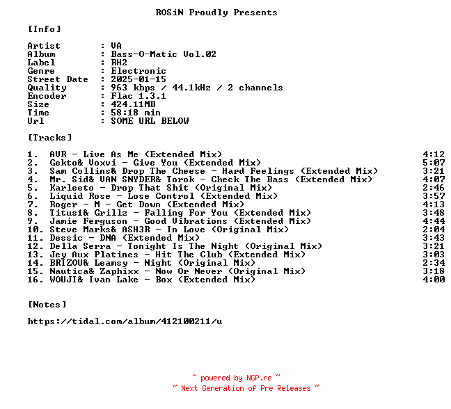 NFO for the release VA-Bass-O-Matic_Vol.02-16BIT-WEB-FLAC-2025-ROSiN by ROSiN
