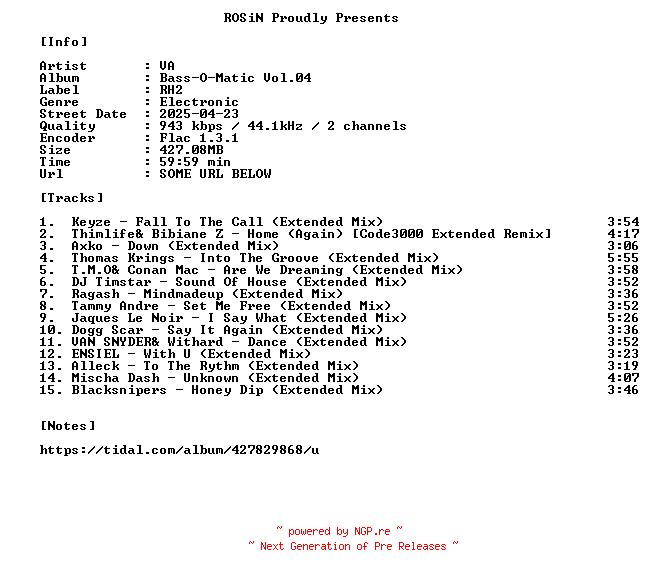 NFO for the release VA-Bass-O-Matic_Vol.04-16BIT-WEB-FLAC-2025-ROSiN by ROSiN