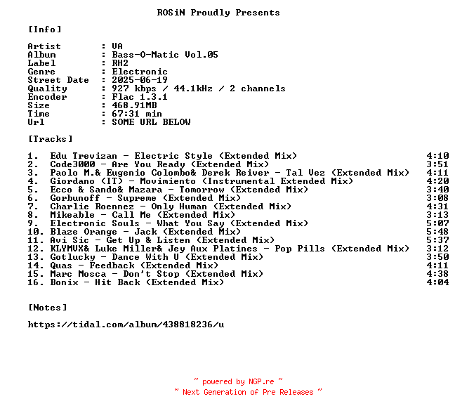 NFO for the release VA-Bass-O-Matic_Vol.05-16BIT-WEB-FLAC-2025-ROSiN by ROSiN
