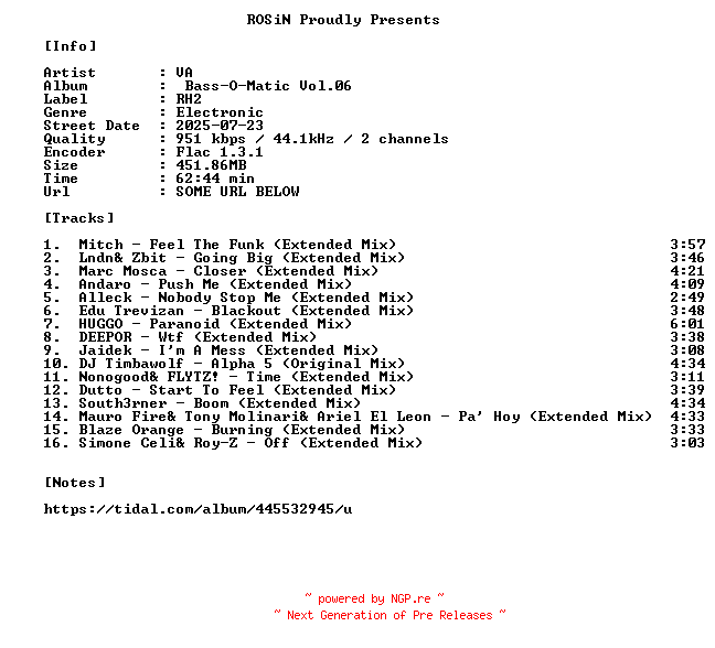 NFO for the release VA-Bass-O-Matic_Vol.06-16BIT-WEB-FLAC-2025-ROSiN by ROSiN