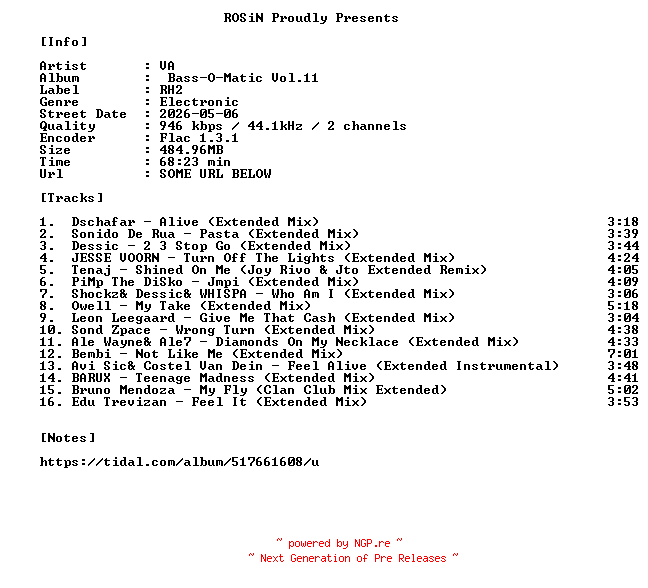 NFO for the release VA-Bass-O-Matic_Vol.11-16BIT-WEB-FLAC-2026-ROSiN by ROSiN