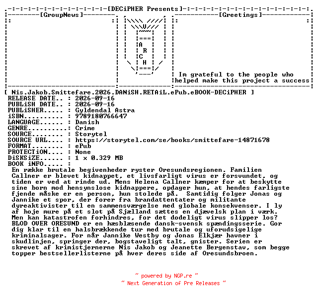 NFO for the release Nis.Jakob.Smittefare.2026.DANiSH.RETAiL.ePub.eBOOK-DECiPHER by DECiPHER
