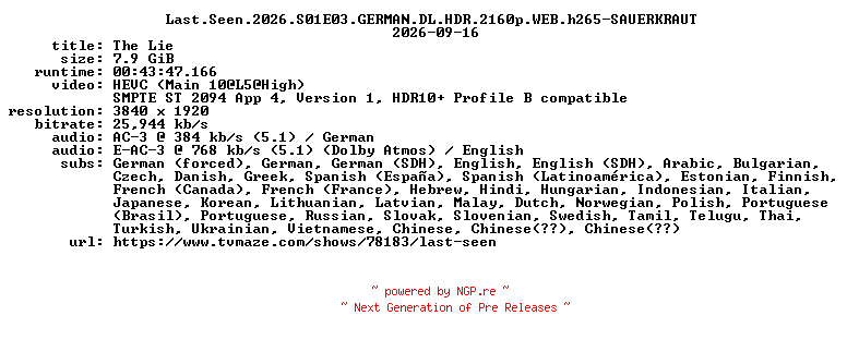 NFO for the release Last.Seen.2026.S01E03.GERMAN.DL.HDR.2160p.WEB.h265-SAUERKRAUT by SAUERKRAUT