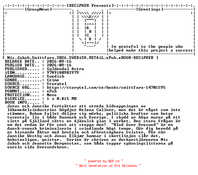 NFO for the release Nis.Jakob.Smittfara.2026.SWEDiSH.RETAiL.ePub.eBOOK-DECiPHER by DECiPHER