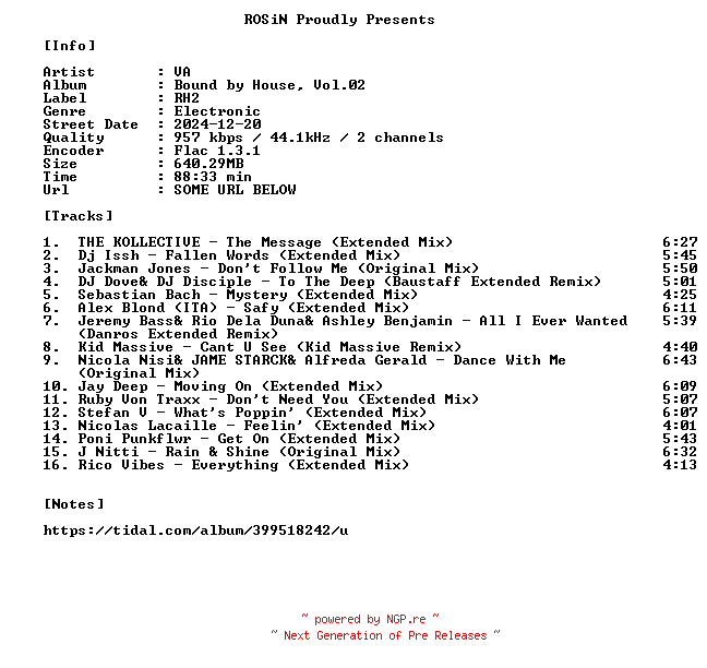 NFO for the release VA-Bound_By_House_Vol.02-16BIT-WEB-FLAC-2024-ROSiN by ROSiN