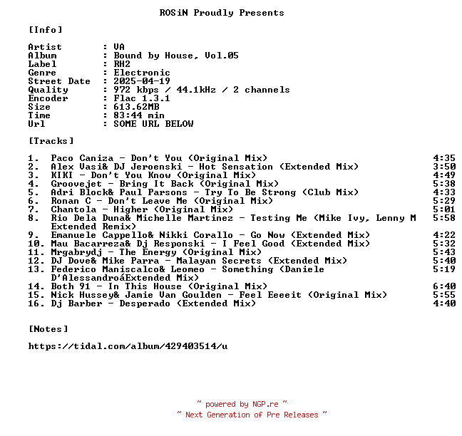 NFO for the release VA-Bound_By_House_Vol.05-16BIT-WEB-FLAC-2025-ROSiN by ROSiN