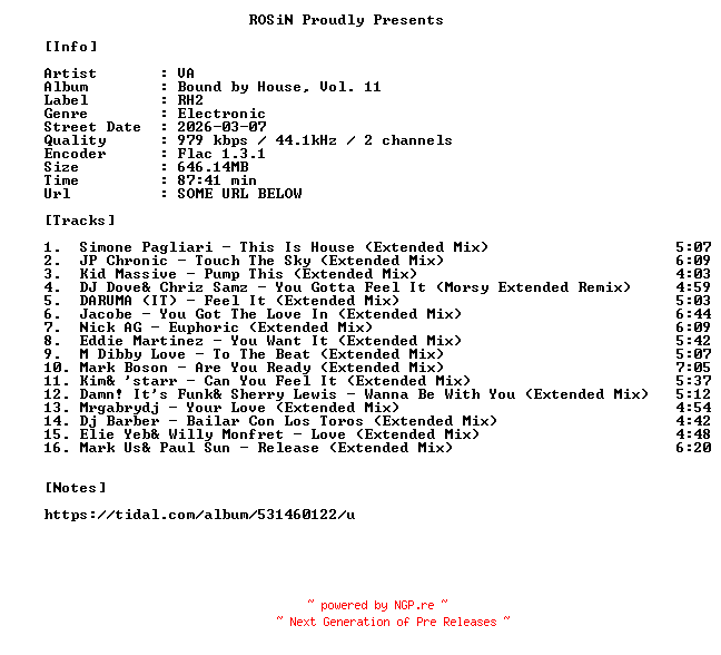 NFO for the release VA-Bound_By_House_Vol._11-16BIT-WEB-FLAC-2026-ROSiN by ROSiN