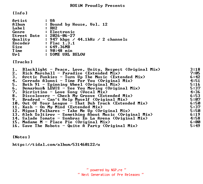 NFO for the release VA-Bound_By_House_Vol._12-16BIT-WEB-FLAC-2026-ROSiN by ROSiN