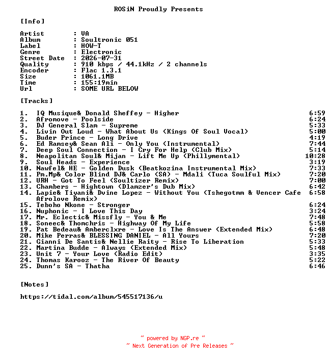 NFO for the release VA-Soultronic_051-16BIT-WEB-FLAC-2026-ROSiN by ROSiN