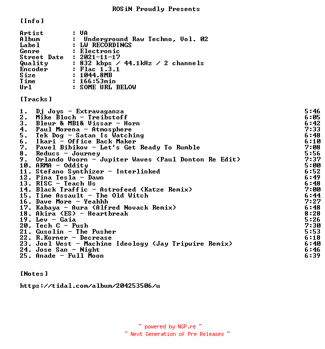 NFO for the release VA-Underground_Raw_Techno_Vol._02-16BIT-WEB-FLAC-2021-ROSiN by ROSiN