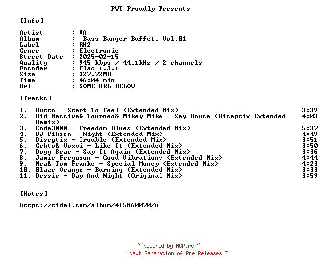 NFO for the release VA-Bass_Banger_Buffet_Vol.01-16BIT-WEB-FLAC-2025-PWT by PWT