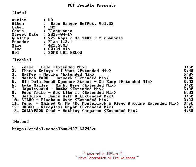 NFO for the release VA-Bass_Banger_Buffet_Vol.02-16BIT-WEB-FLAC-2025-PWT by PWT
