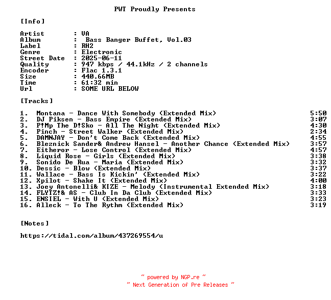 NFO for the release VA-Bass_Banger_Buffet_Vol.03-16BIT-WEB-FLAC-2025-PWT by PWT