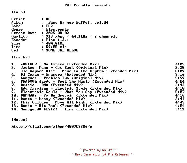 NFO for the release VA-Bass_Banger_Buffet_Vol.04-16BIT-WEB-FLAC-2025-PWT by PWT