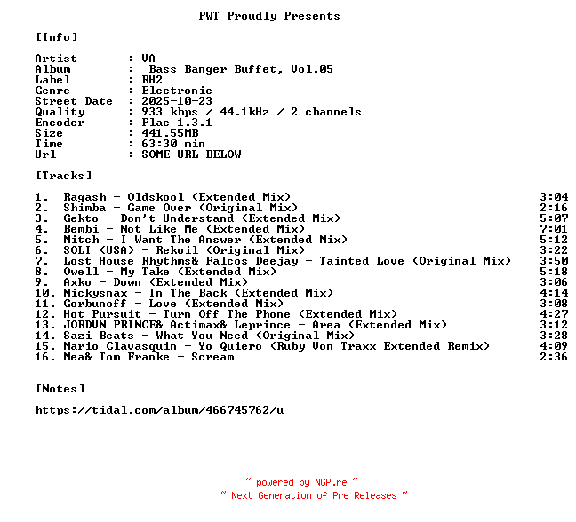 NFO for the release VA-Bass_Banger_Buffet_Vol.05-16BIT-WEB-FLAC-2025-PWT by PWT