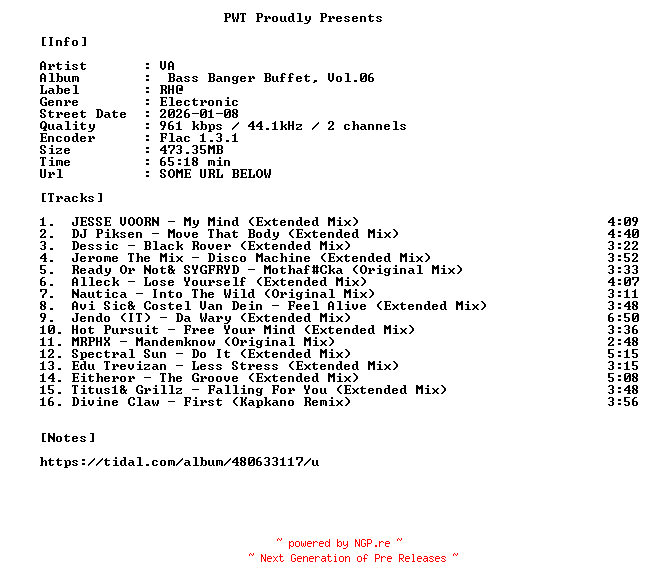 NFO for the release VA-Bass_Banger_Buffet_Vol.06-16BIT-WEB-FLAC-2026-PWT by PWT