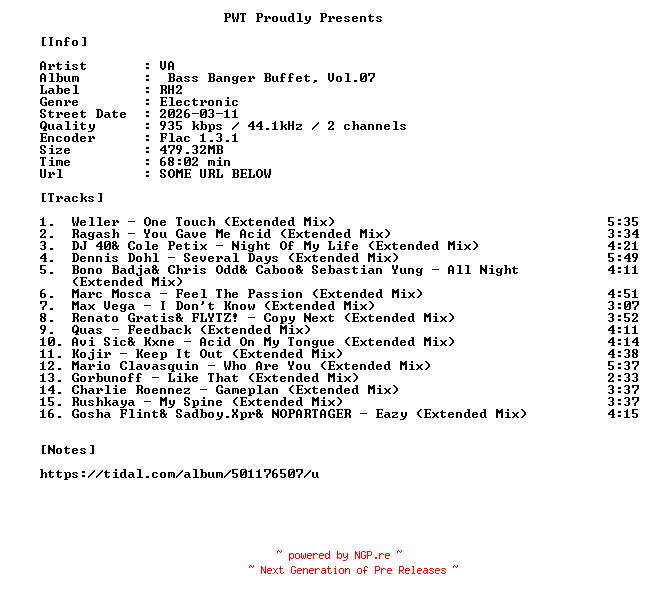 NFO for the release VA-Bass_Banger_Buffet_Vol.07-16BIT-WEB-FLAC-2026-PWT by PWT