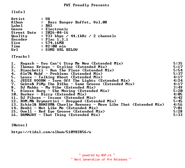 NFO for the release VA-Bass_Banger_Buffet_Vol.08-16BIT-WEB-FLAC-2026-PWT by PWT