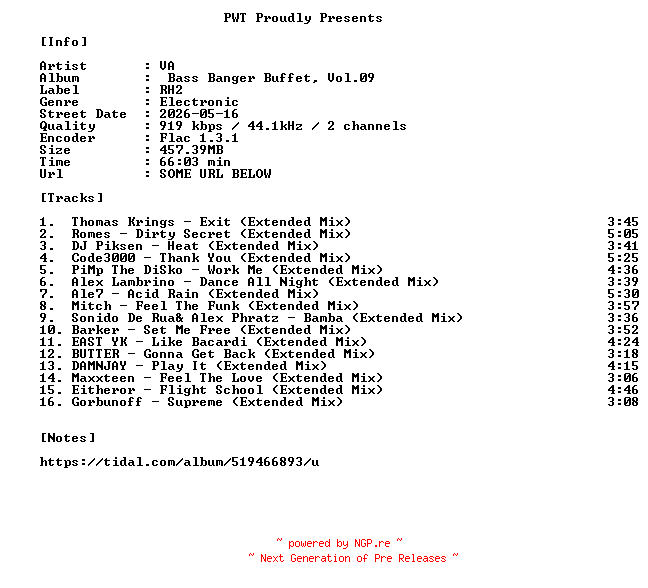 NFO for the release VA-Bass_Banger_Buffet_Vol.09-16BIT-WEB-FLAC-2026-PWT by PWT