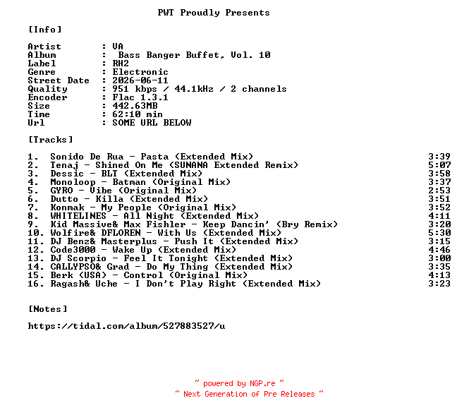 NFO for the release VA-Bass_Banger_Buffet_Vol._10-16BIT-WEB-FLAC-2026-PWT by PWT