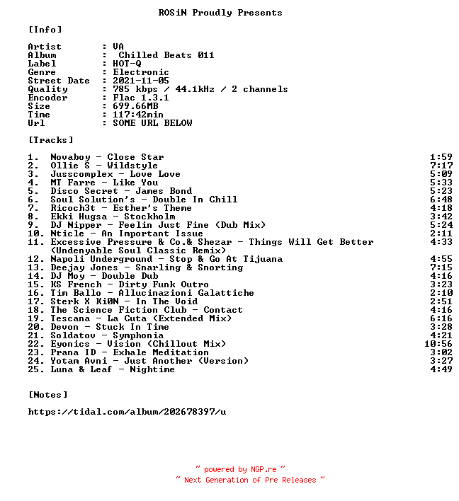 NFO for the release VA-Chilled_Beats_011-16BIT-WEB-FLAC-2021-ROSiN by ROSiN
