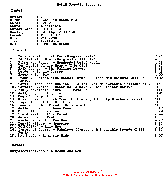 NFO for the release VA-Chilled_Beats_012-16BIT-WEB-FLAC-2021-ROSiN by ROSiN