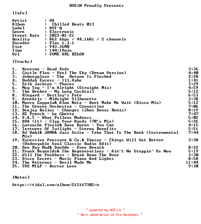 NFO for the release VA-Chilled_Beats_013-16BIT-WEB-FLAC-2022-ROSiN by ROSiN