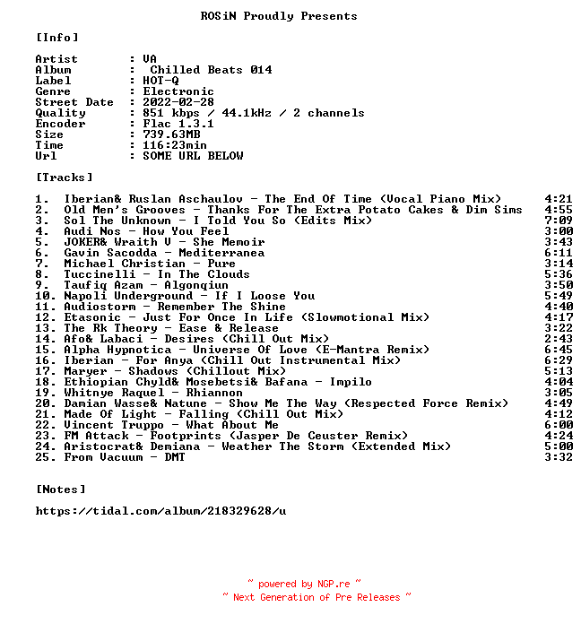 NFO for the release VA-Chilled_Beats_014-16BIT-WEB-FLAC-2022-ROSiN by ROSiN