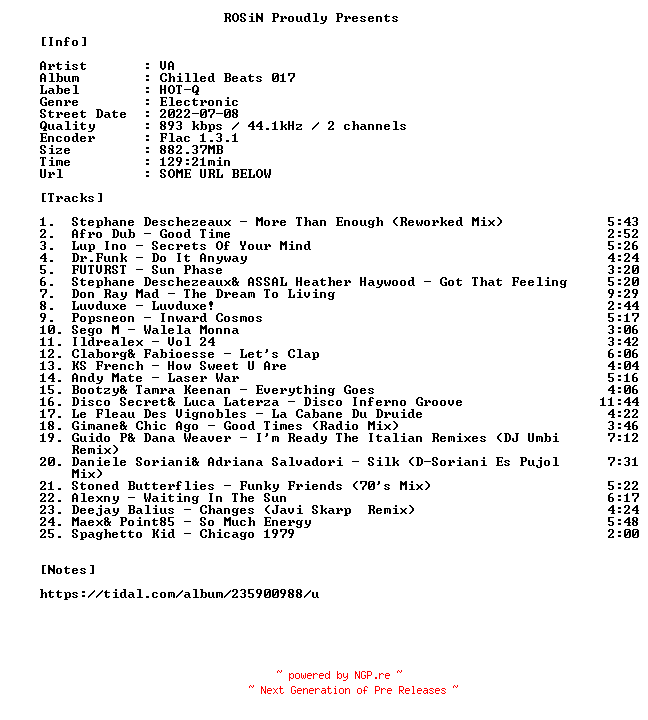 NFO for the release VA-Chilled_Beats_017-16BIT-WEB-FLAC-2022-ROSiN by ROSiN