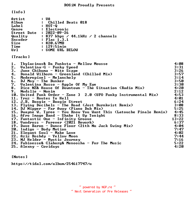 NFO for the release VA-Chilled_Beats_018-16BIT-WEB-FLAC-2022-ROSiN by ROSiN