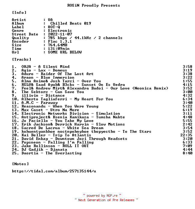 NFO for the release VA-Chilled_Beats_019-16BIT-WEB-FLAC-2022-ROSiN by ROSiN