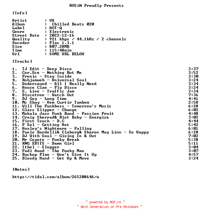 NFO for the release VA-Chilled_Beats_020-16BIT-WEB-FLAC-2022-ROSiN by ROSiN