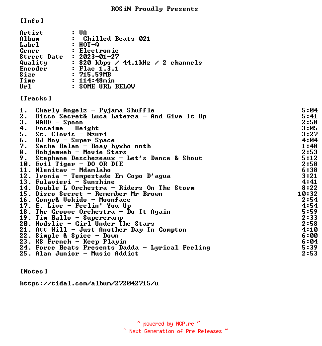 NFO for the release VA-Chilled_Beats_021-16BIT-WEB-FLAC-2023-ROSiN by ROSiN