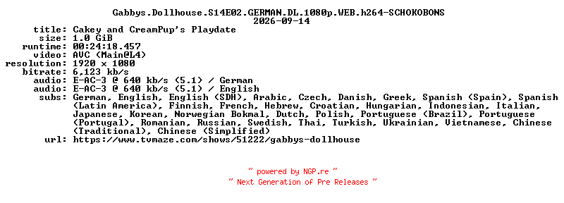 NFO for the release Gabbys.Dollhouse.S14E02.GERMAN.DL.1080p.WEB.h264-SCHOKOBONS by SCHOKOBONS