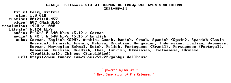 NFO for the release Gabbys.Dollhouse.S14E03.GERMAN.DL.1080p.WEB.h264-SCHOKOBONS by SCHOKOBONS