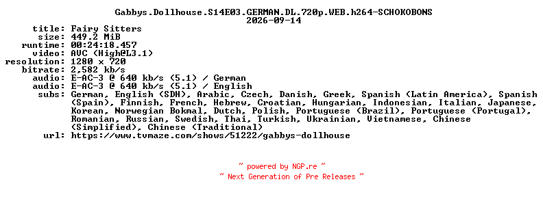 NFO for the release Gabbys.Dollhouse.S14E03.GERMAN.DL.720p.WEB.h264-SCHOKOBONS by SCHOKOBONS