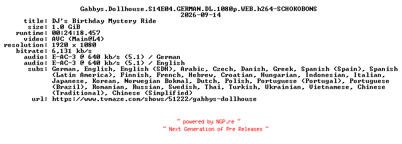 NFO for the release Gabbys.Dollhouse.S14E04.GERMAN.DL.1080p.WEB.h264-SCHOKOBONS by SCHOKOBONS