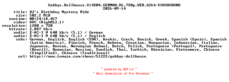 NFO for the release Gabbys.Dollhouse.S14E04.GERMAN.DL.720p.WEB.h264-SCHOKOBONS by SCHOKOBONS