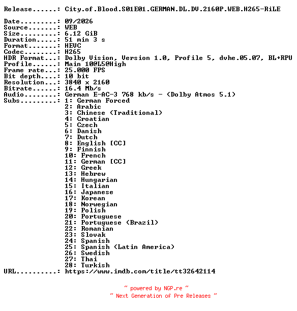 NFO for the release City.of.Blood.S01E01.GERMAN.DL.DV.2160P.WEB.H265-RiLE by RiLE